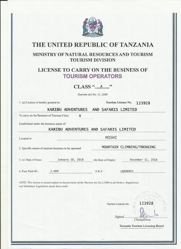Karibu Adventures Certificates